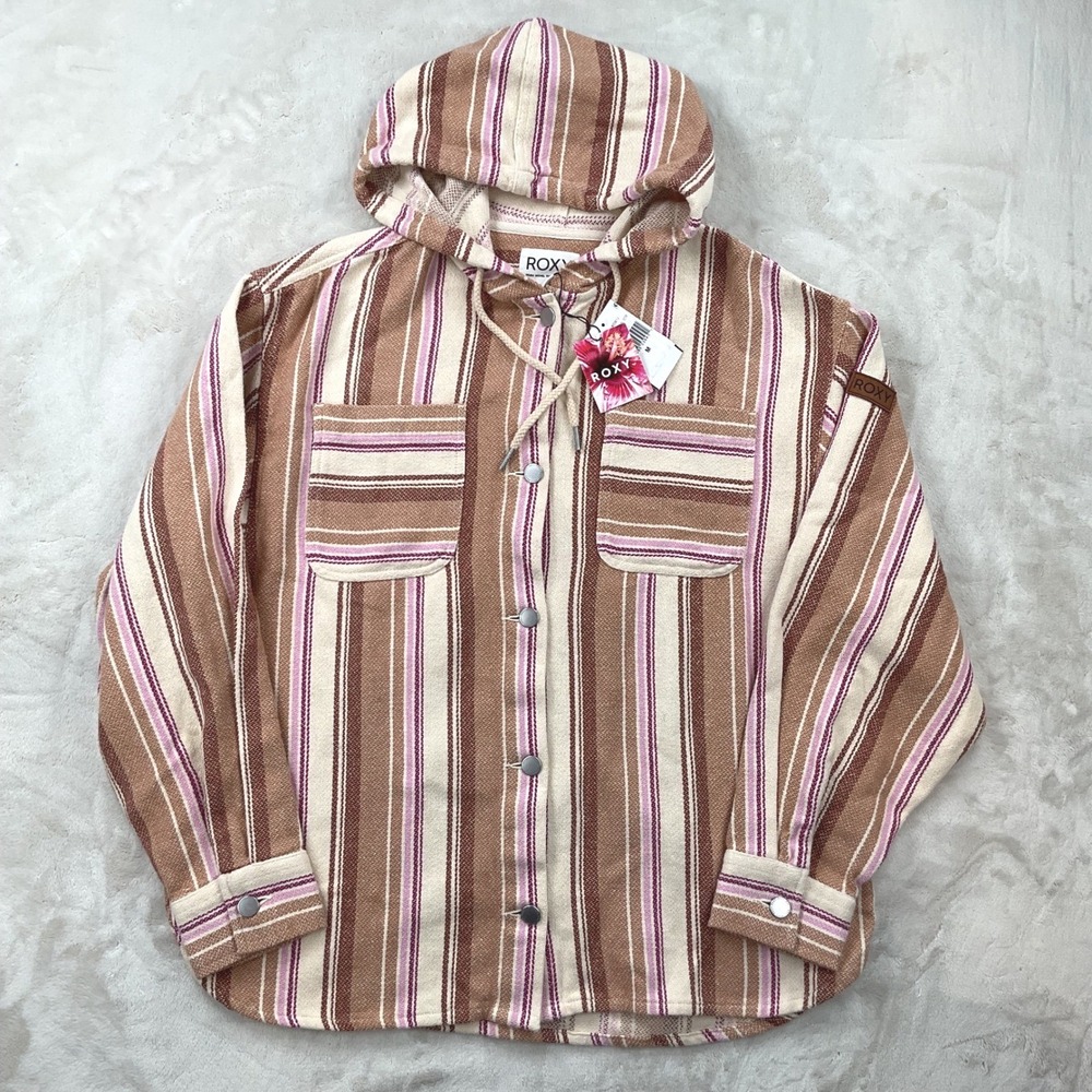 Roxy Women Coastal Striped Hooded Shirt Jacket Brown Pink New